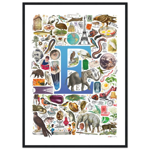 "E is for Explore" — a Renard Roux alphabet poster with English E words (blue version)