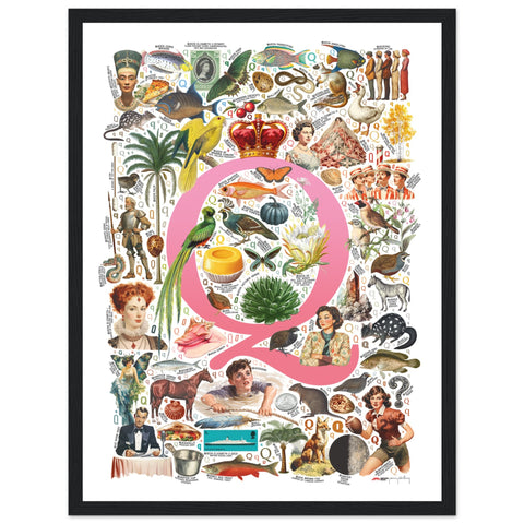 "Q is for Quest" — a Renard Roux alphabet poster with English Q words (pink version)