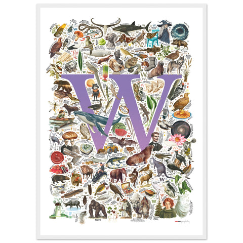 "W is for Wonder" — a Renard Roux alphabet poster with English W words (purple version)