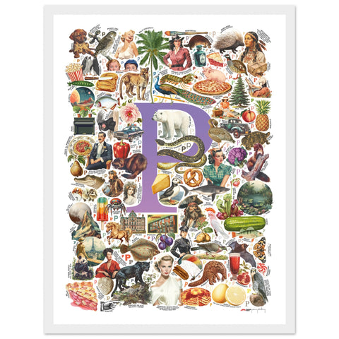 "P is for Pioneer" — a Renard Roux alphabet poster with English P words (purple version)