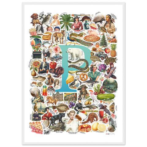 "P is for Pioneer" — a Renard Roux alphabet poster with English P words (turquoise version)