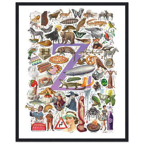 "Z is for Zenith" — a Renard Roux alphabet poster with English Z words (purple version)