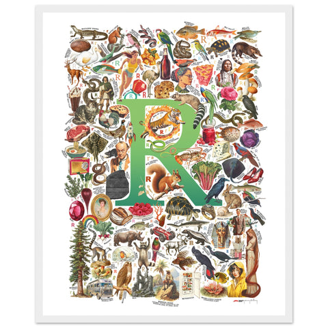 "R is for Remarkable" — a Renard Roux alphabet poster with English R words (green version)