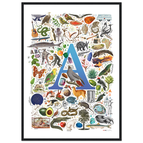 "A is for Adventure" — a Renard Roux alphabet poster with English A words (blue version)