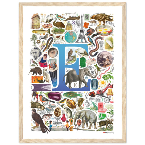 "E is for Explore" — a Renard Roux alphabet poster with English E words (blue version)