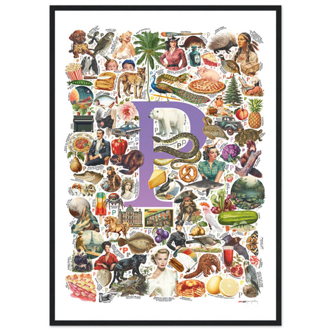 "P is for Pioneer" — a Renard Roux alphabet poster with English P words (purple version)