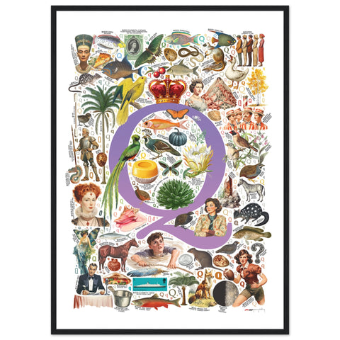 "Q is for Quest" — a Renard Roux alphabet poster with English Q words (purple version)