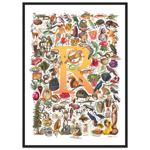 "R is for Remarkable" — a Renard Roux alphabet poster with English R words (yellow version)