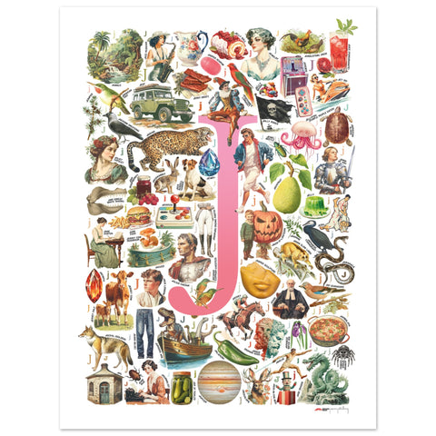 "J is for Journey" — a Renard Roux alphabet poster with English J words (pink version)
