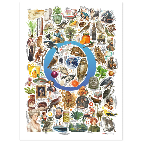 "O is for Original" — a Renard Roux alphabet poster with English O words (blue version)