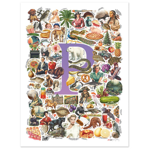 "P is for Pioneer" — a Renard Roux alphabet poster with English P words (purple version)