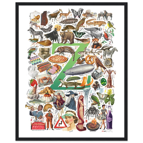 "Z is for Zenith" — a Renard Roux alphabet poster with English Z words (green version)