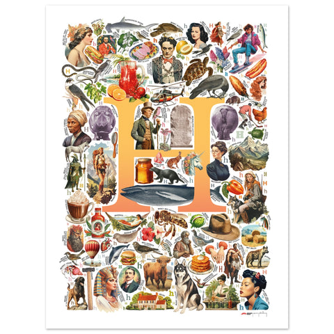 "H is for Heroes" — a Renard Roux alphabet poster with English H words (yellow version)