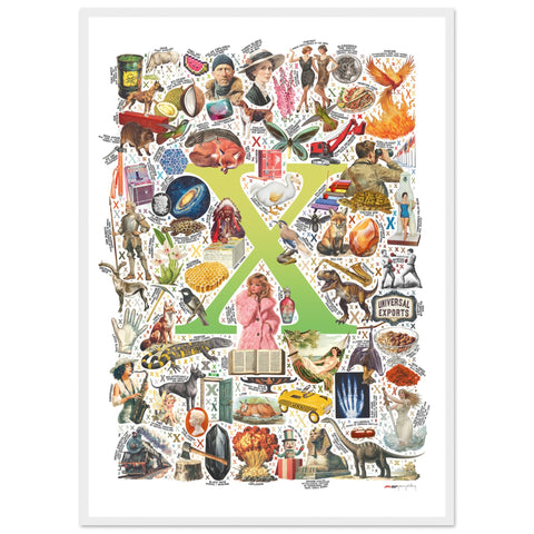 "X is for Xanadu" — a Renard Roux alphabet poster with English X words (chartreuse version)