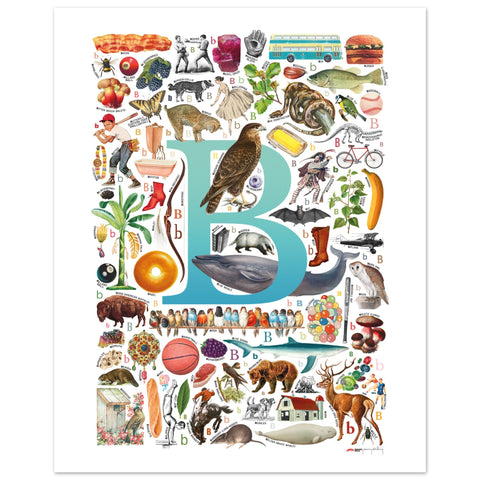 "B is for Brave" — a Renard Roux alphabet poster with English B words (turquoise version)