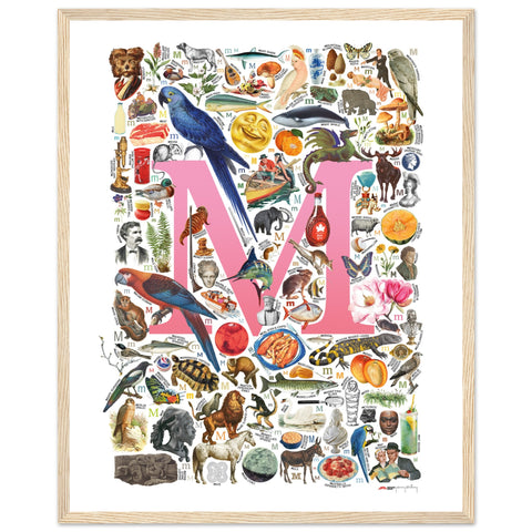 "M is for Magical" — a Renard Roux alphabet poster with English M words (pink version)