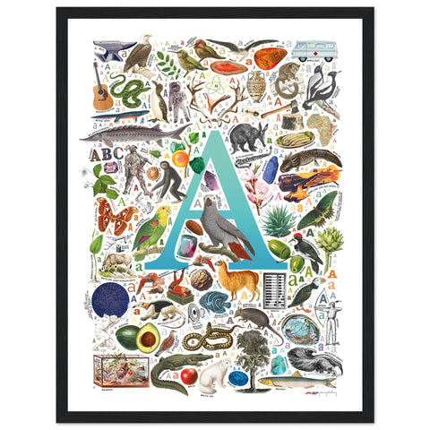 "A is for Adventure" — a Renard Roux alphabet poster with English A words (turquoise version)