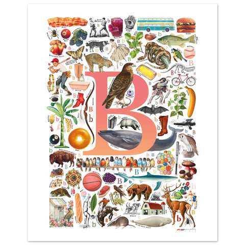 "B is for Brave" — a Renard Roux alphabet poster with English B words (red version)