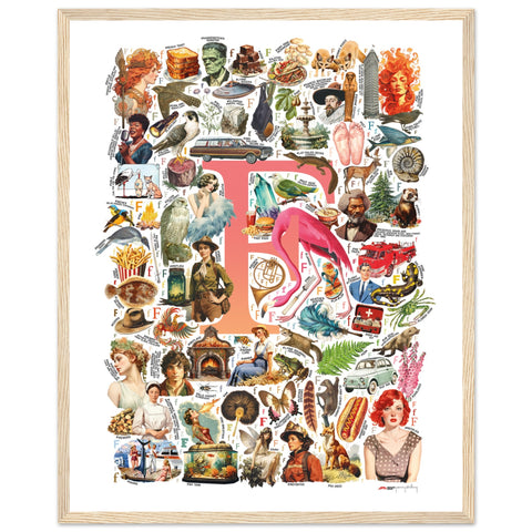 "F is for Festive" — a Renard Roux alphabet poster with English F words (red version)