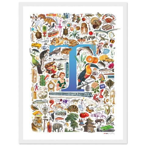 "T is for Treasure" — a Renard Roux alphabet poster with English T words (blue version)
