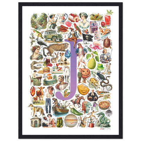 "J is for Journey" — a Renard Roux alphabet poster with English J words (purple version)