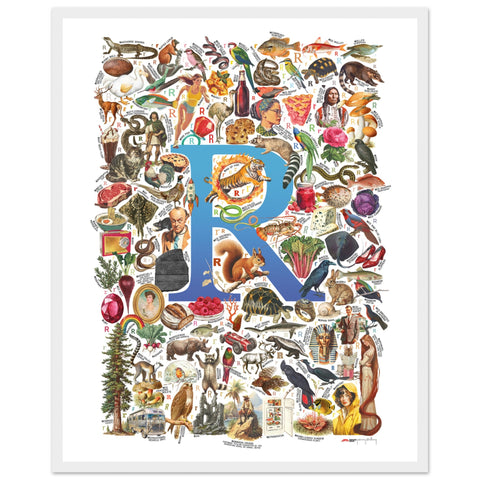 "R is for Remarkable" — a Renard Roux alphabet poster with English R words (blue version)