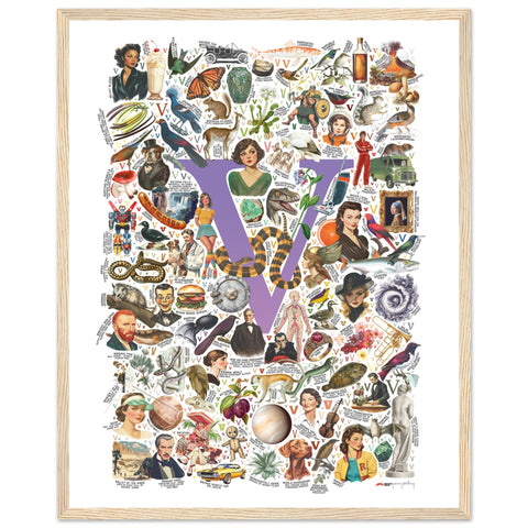 "V is for Voyage" — a Renard Roux alphabet poster with English V words (purple version)