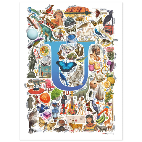 "U is for Unique" — a Renard Roux alphabet poster with English U words (blue version)