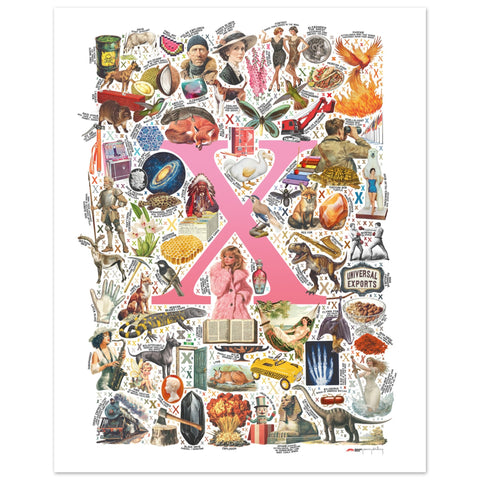 "X is for Xanadu" — a Renard Roux alphabet poster with English X words (pink version)