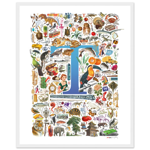 "T is for Treasure" — a Renard Roux alphabet poster with English T words (blue version)