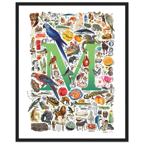 "M is for Magical" — a Renard Roux alphabet poster with English M words (green version)
