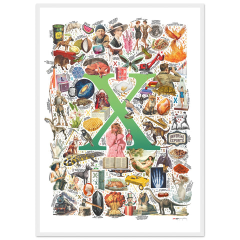 "X is for Xanadu" — a Renard Roux alphabet poster with English X words (green version)