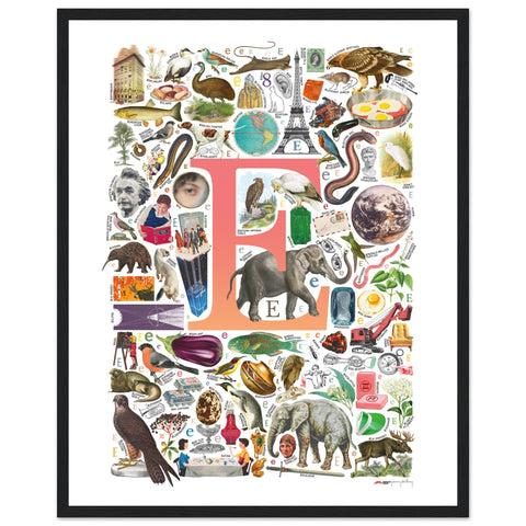 "E is for Explore" — a Renard Roux alphabet poster with English E words (red version)