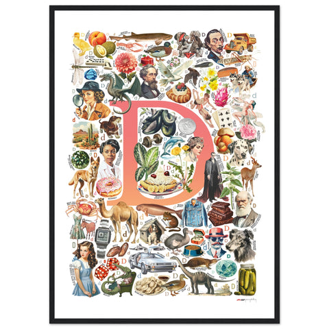 "D is for Discovery" — a Renard Roux alphabet poster with English D words (red version)