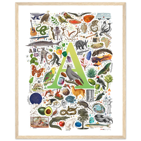"A is for Adventure" — a Renard Roux alphabet poster with English A words (chartreuse version)