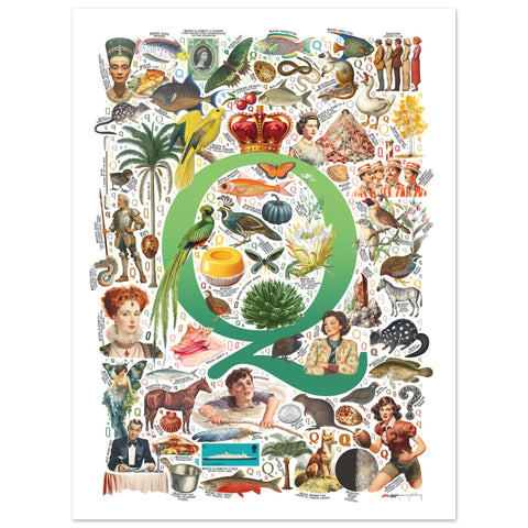 "Q is for Quest" — a Renard Roux alphabet poster with English Q words (green version)