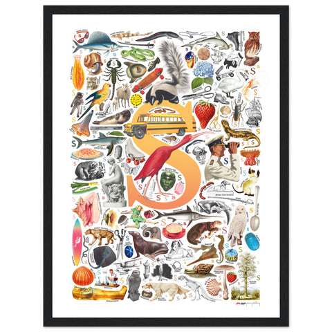 "S is for Surprise" — a Renard Roux alphabet poster with English S words (yellow version)