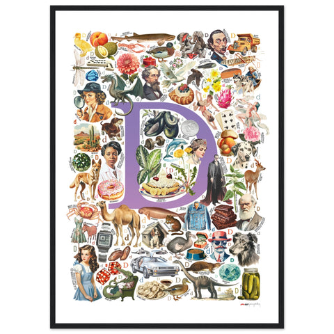 "D is for Discovery" — a Renard Roux alphabet poster with English D words (purple version)