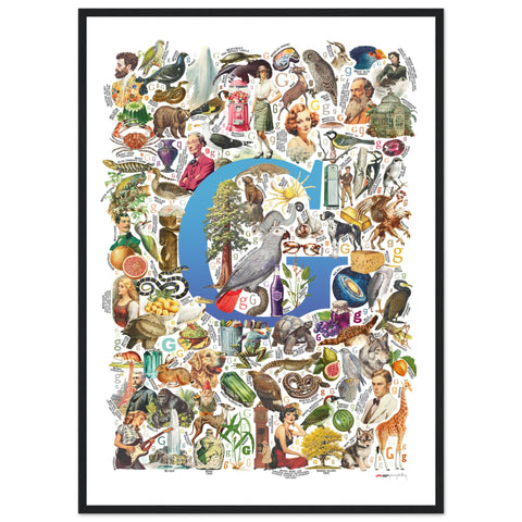 "G is for Great" — a Renard Roux alphabet poster with English G words (blue version)