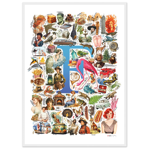 "F is for Festive" — a Renard Roux alphabet poster with English F words (blue version)