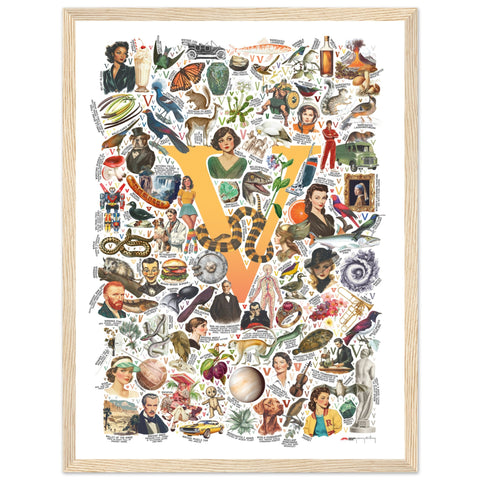 "V is for Voyage" — a Renard Roux alphabet poster with English V words (yellow version)