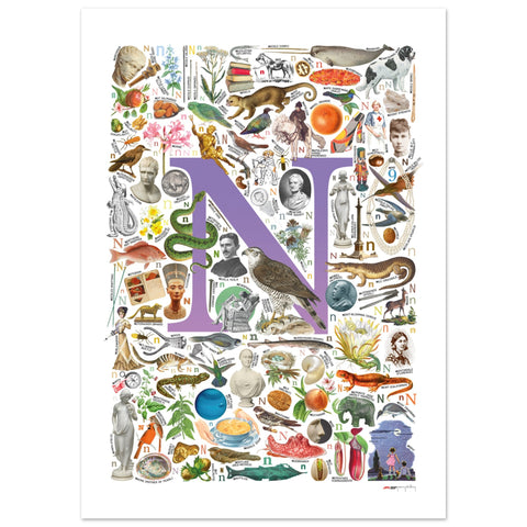 "N is for Nature" — a Renard Roux alphabet poster with English N words (purple version)