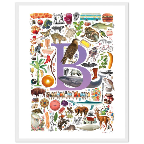 "B is for Brave" — a Renard Roux alphabet poster with English B words (purple version)