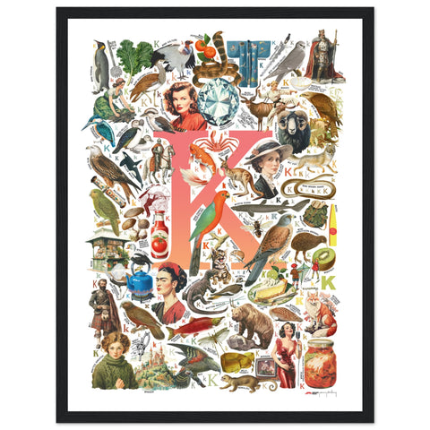 "K is for Keen" — a Renard Roux alphabet poster with English K words (red version)