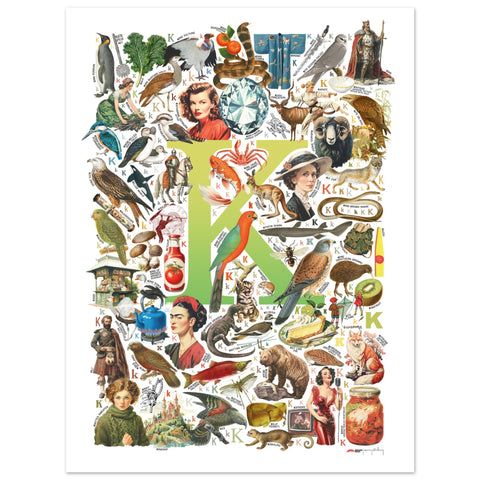 "K is for Keen" — a Renard Roux alphabet poster with English K words (chartreuse version)