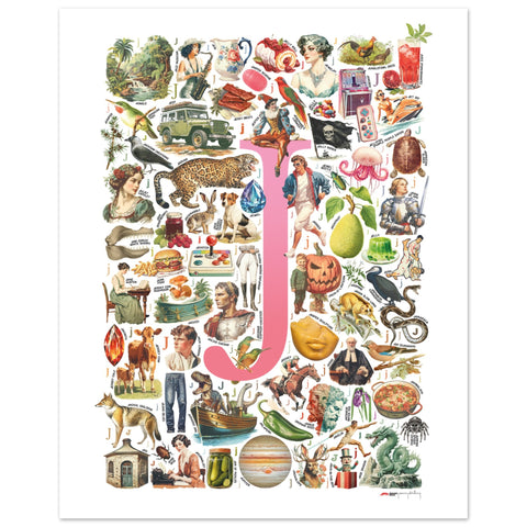 "J is for Journey" — a Renard Roux alphabet poster with English J words (pink version)