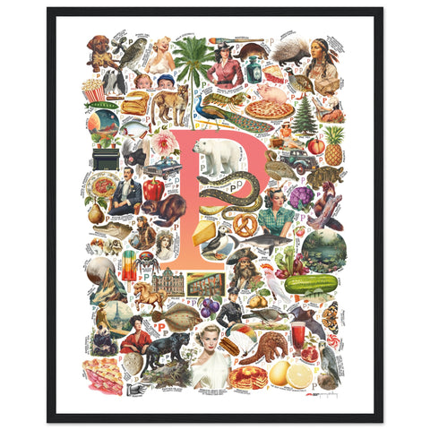 "P is for Pioneer" — a Renard Roux alphabet poster with English P words (red version)