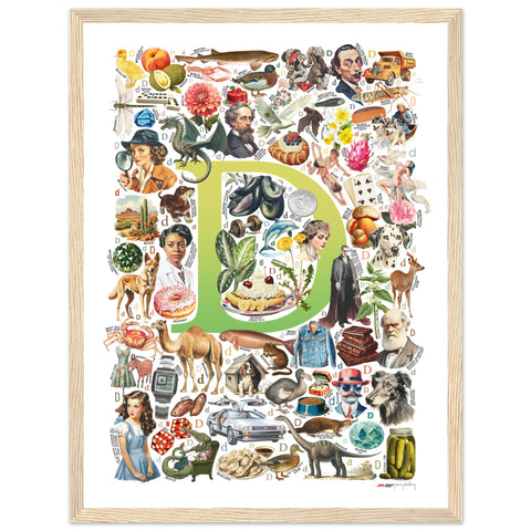 "D is for Discovery" — a Renard Roux alphabet poster with English D words (chartreuse version)