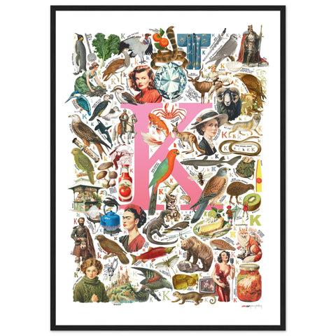 "K is for Keen" — a Renard Roux alphabet poster with English K words (pink version)