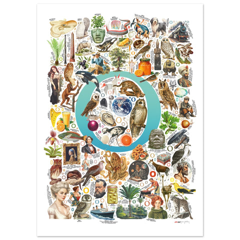 "O is for Original" — a Renard Roux alphabet poster with English O words (turquoise version)